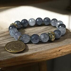 Gemstone Stretch Bracelet Womens Faux Coin Blue Slate Boho Hippie Artsy